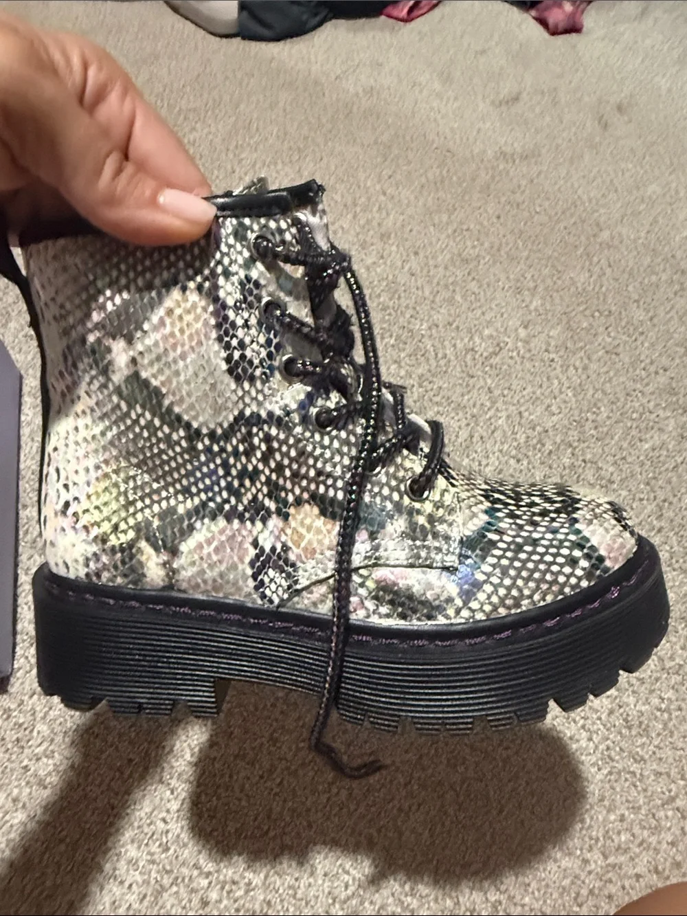 Madden Girl Iridescent Snake-Print Combat Boots - Silver with Multicolor Accents